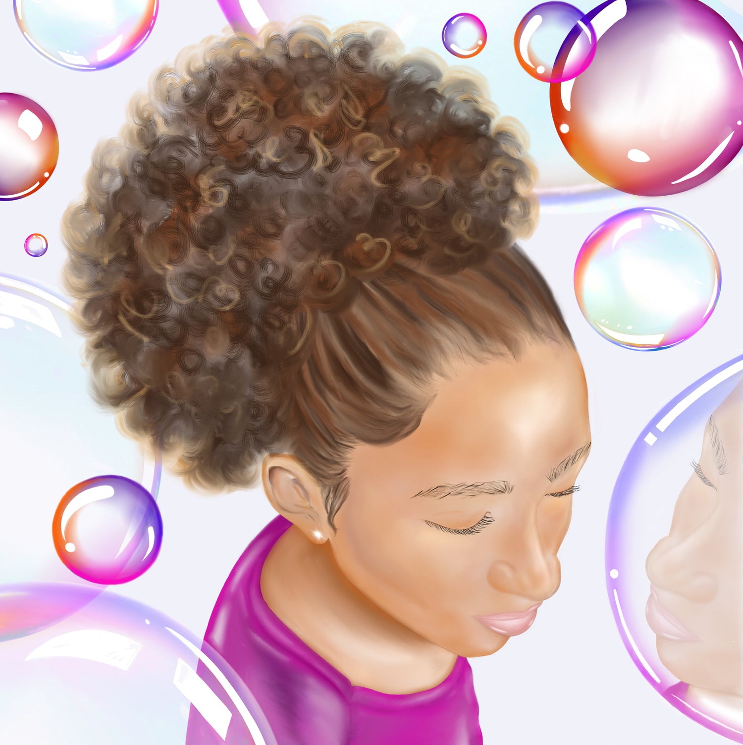 Girl eyes down dreaming with vibrant colored bubbles around her